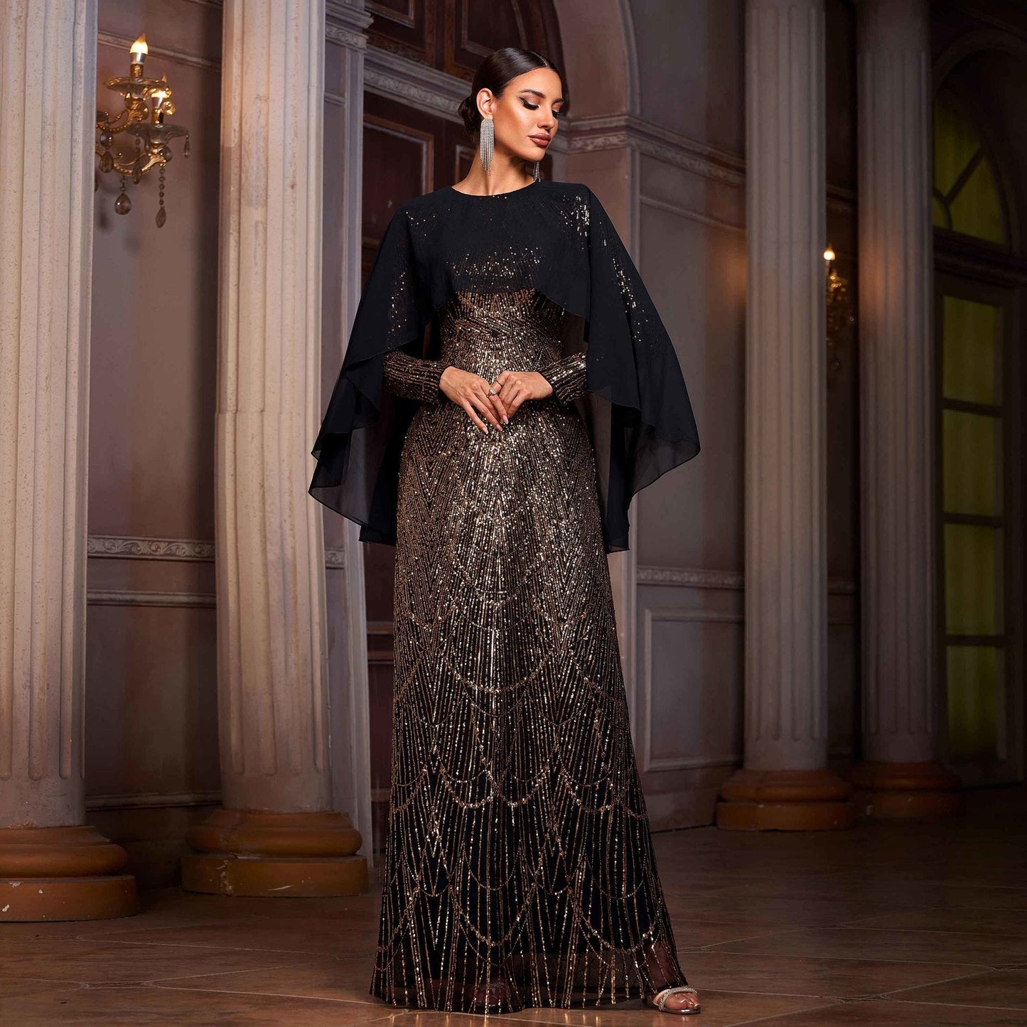 Women Clothing High Grade Long Sleeved round Neck Shawl Cocktail Sequined A Swing Evening Dress Women