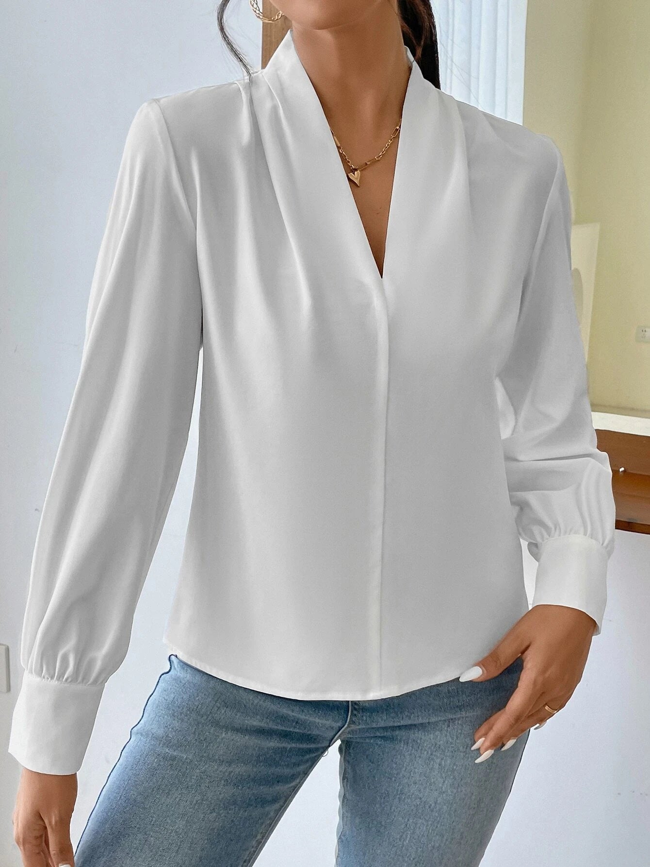 Spring Autumn Winter Long Sleeve Shirt Design V neck Solid Color Loose Top Autumn Shirt