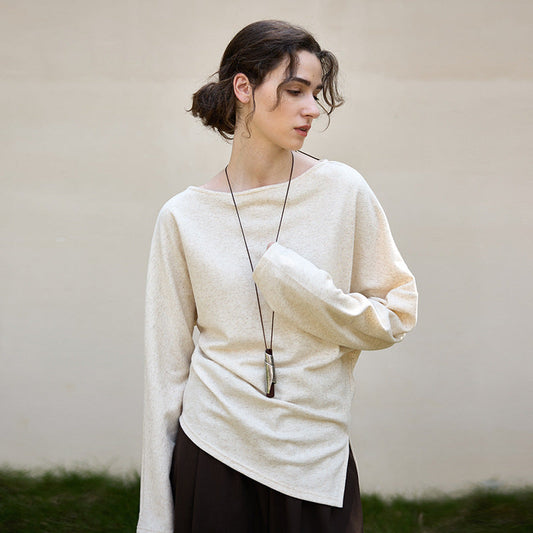 Cotton Linen Knitted off Shoulder T shirt Autumn Winter Side Slit Asymmetric Hem Top Niche Linen Sweater