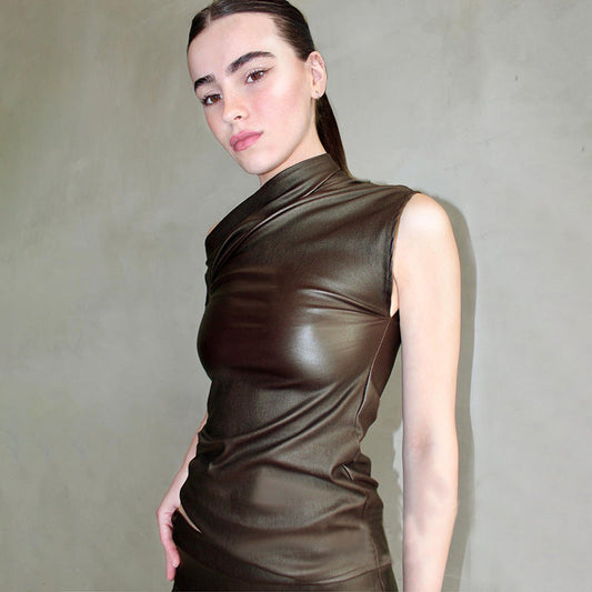 Women Clothing Slim Fit Oblique Shoulder Leather Coat Summer Street Hipster Off Shoulder Top Women