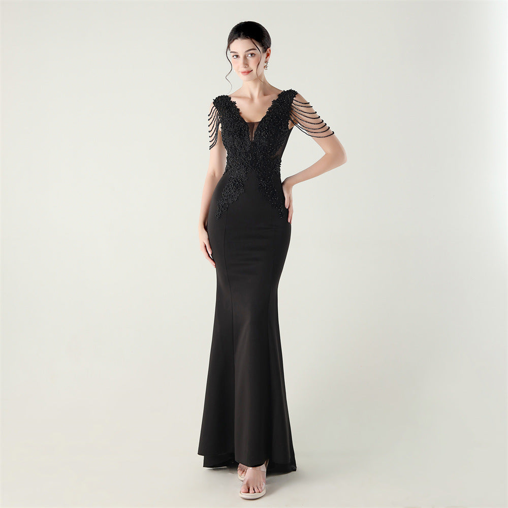 Satin Heavy Industry Beaded Three Dimensional Applique Boning Corset Waist-Tight Evening Dress Lace Tassels Design Cocktail Social Networking