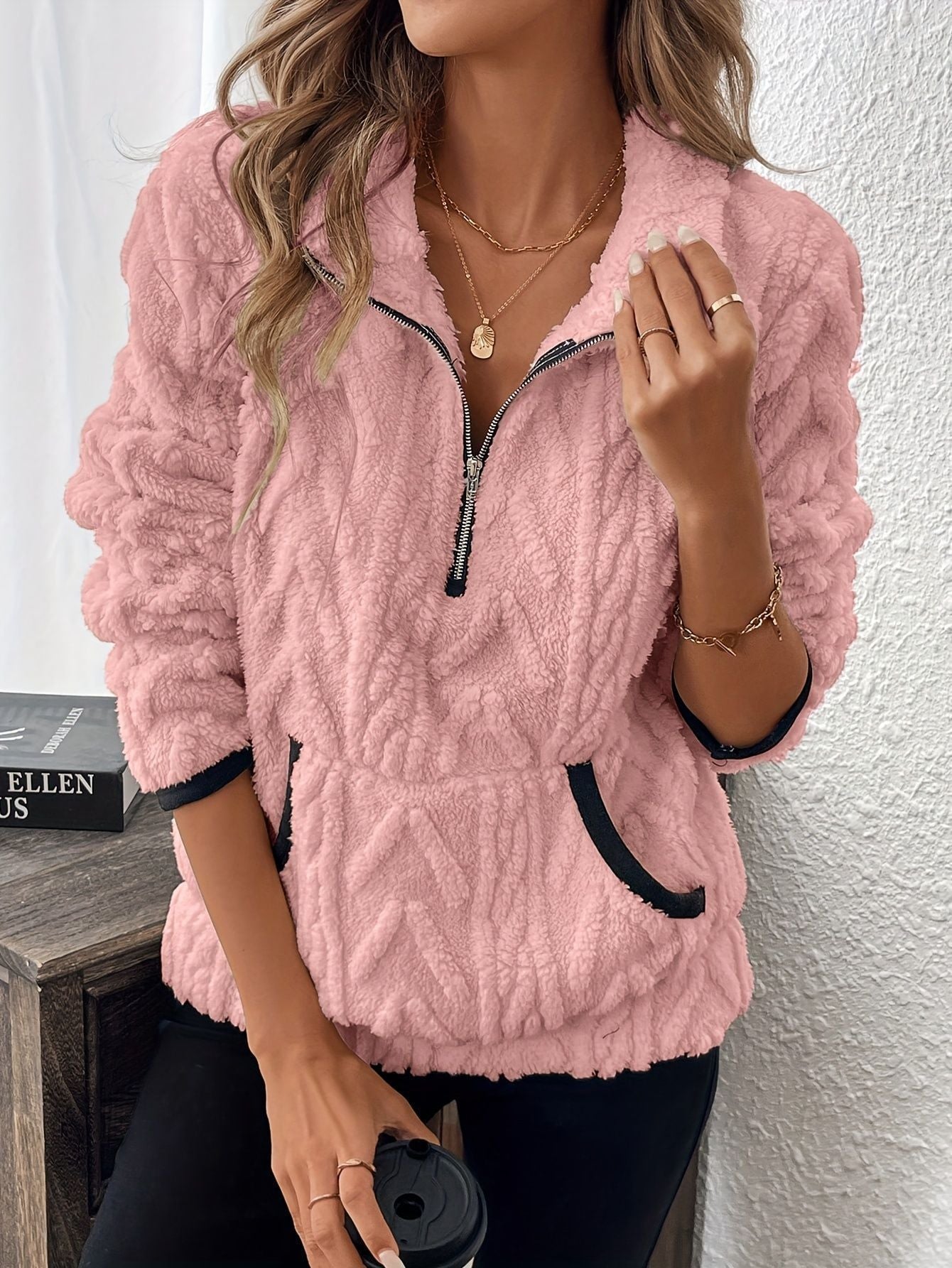 Autumn Winter Collared Classic Jacquard Half Zipper Plush Pocket Short Sweater