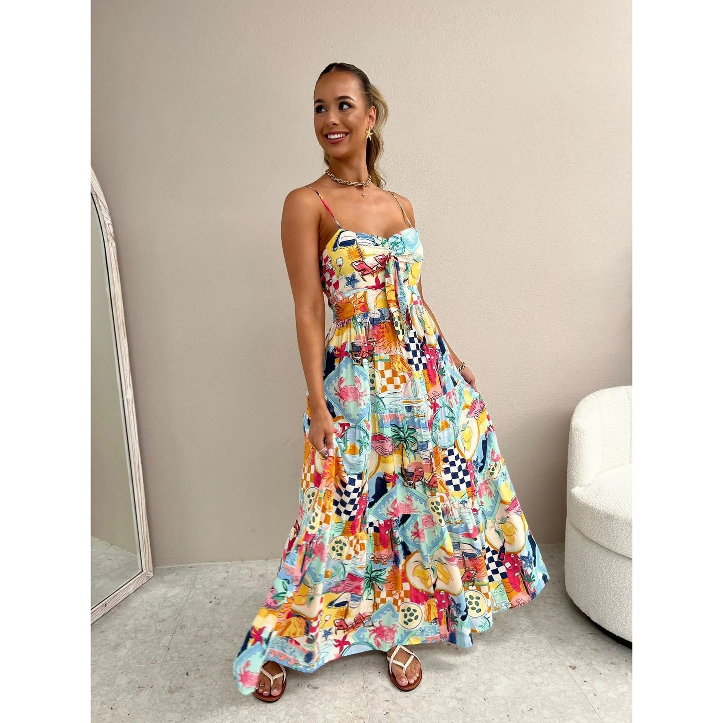 Spring Summer Suspender Printing Dress Loose Vacation Casual Rubber Band Dress