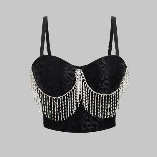 Sexy Belly Dance Costume Diamond Embedded Tassel Suspender Vest Outer Wear Slimming Boning Corset Wrapped Chest
