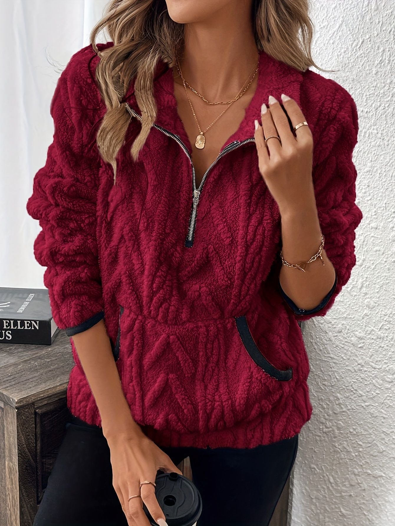Autumn Winter Collared Classic Jacquard Half Zipper Plush Pocket Short Sweater