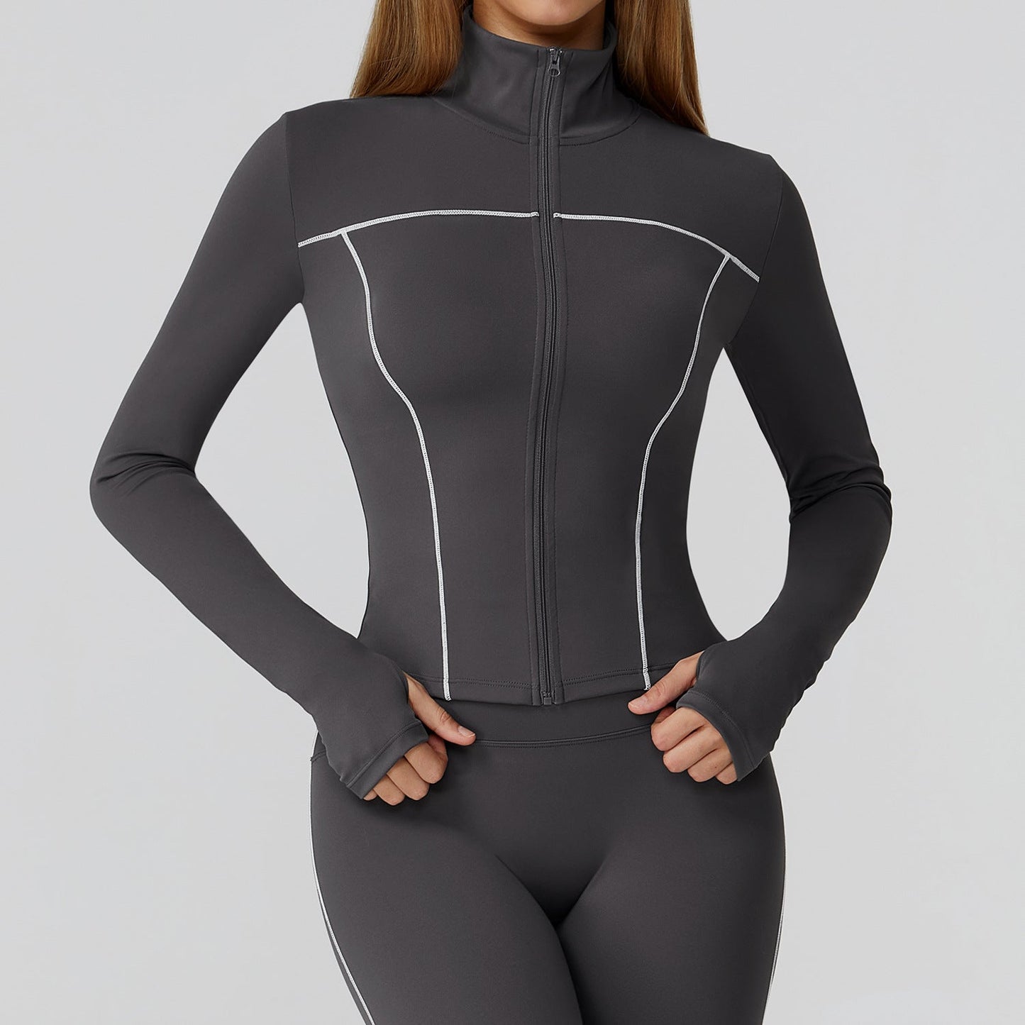 Contrast Color Brushed Yoga Coat Zipper Windproof Slim Jacket Outdoor Sports Running Fitness Clothes Women