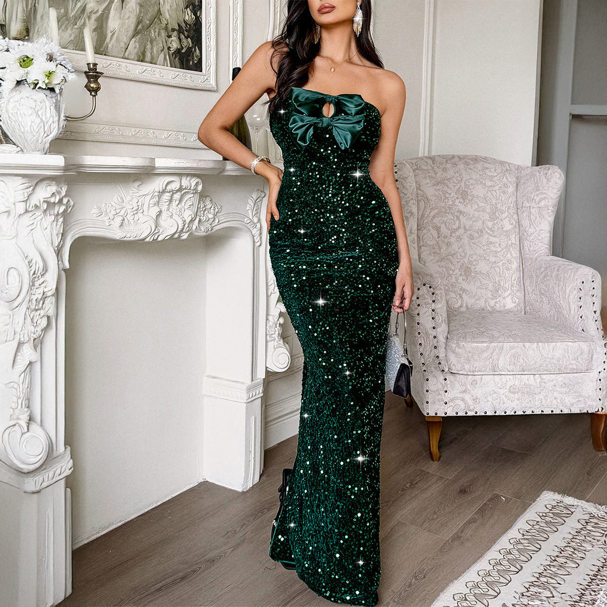 Women Elegant Evening Dress Tube Top Sexy Maxi Dress