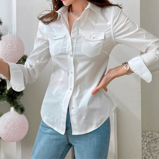 Women Clothing Autumn Simple Vacation Button Long Sleeve Tops Shirt