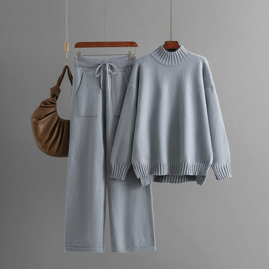 Cold Proof Knitted Suit Women Thick Loose Sweater Half High Collar Long Sleeves Two Piece Suit Women