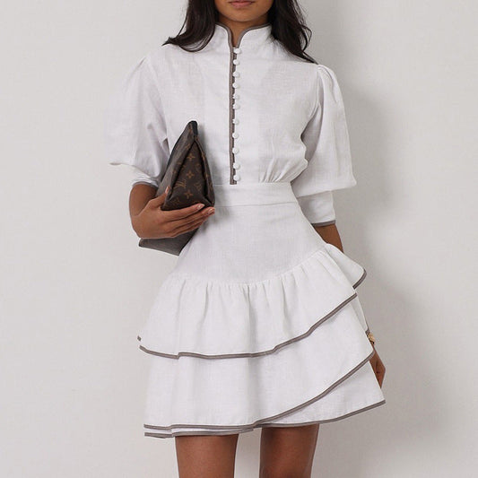 Graceful Fashionable Contrast Color Shirt Dress Women Stand Collar Puff Sleeve Tight Waist A line Dress