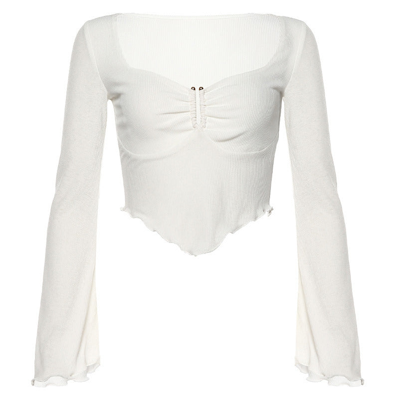 Spring Summer Women Clothes Flared Sleeves Creative Diamond Hem Sexy Low Cut Square Neck T shirt Women