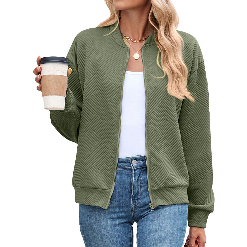 Autumn Winter Solid Color round Neck Loose Zip Long Sleeve Sweatshirt Varsity Jacket