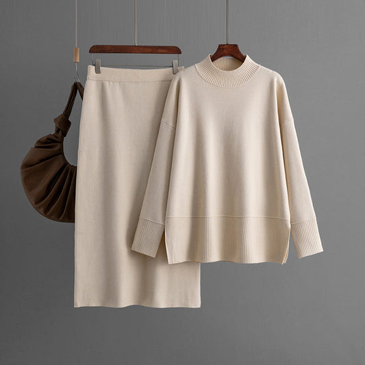 Solid Color Turtleneck Sweater Slit Half-Length Hip Skirt Two-Piece Set Autumn Winter Knitting Suit Women's