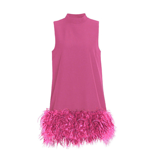Australian Brand Design Short Autumn Stand Collar Sleeveless Solid Color Stitching Hem Feather Dress