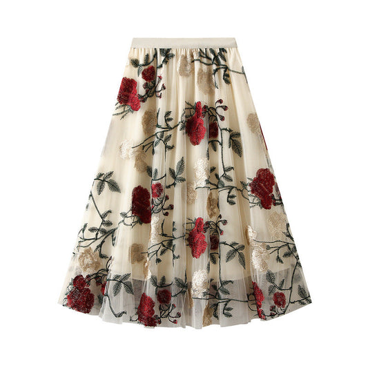 Retro High Waist Slimming Embroidered Large Floral Sweet Net Yarn Mid Length Fairy Skirt