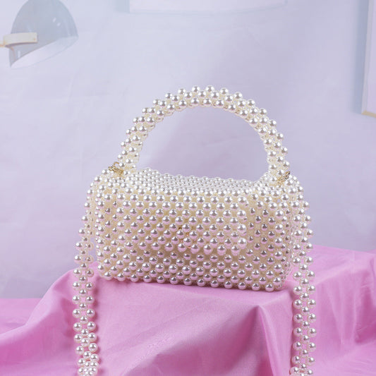 Summer Large Imitation Pearl Pillow Portable Crossbody Shoulder Bag Handmade Beaded Weave Casual Trend