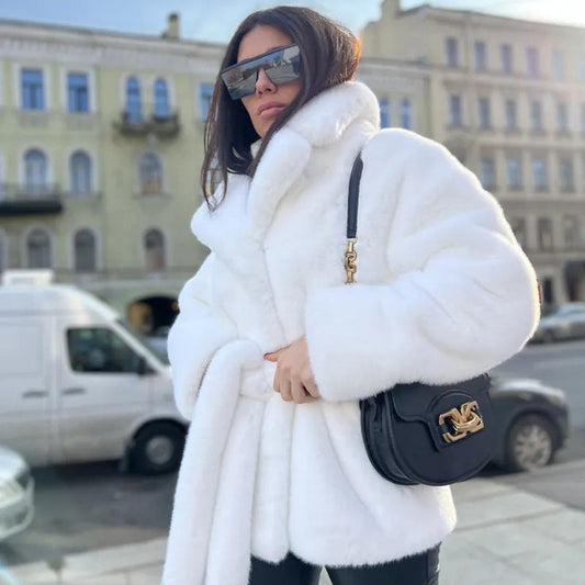 Fur Coat Imitation Rabbit Fur Collared Thickening Warm with Belt Coat Women Plush