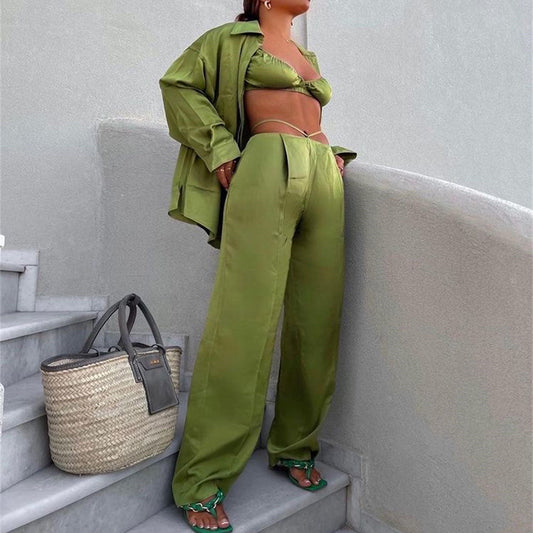 Sexy Women Wear Spring Summer Casual Vacation Three Piece Suit Satin Shirt Vest Straight Leg Pants Suit