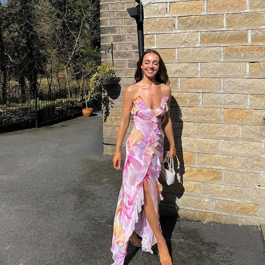 Summer Trends Women V neck Brace Printed Sheath Backless Sexy Dress