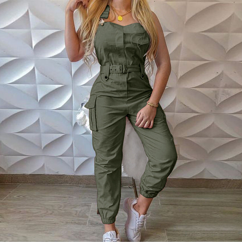 Women Workwear Belt Sleeveless Suspender Simple Ankle Banded Plus size Jumpsuit