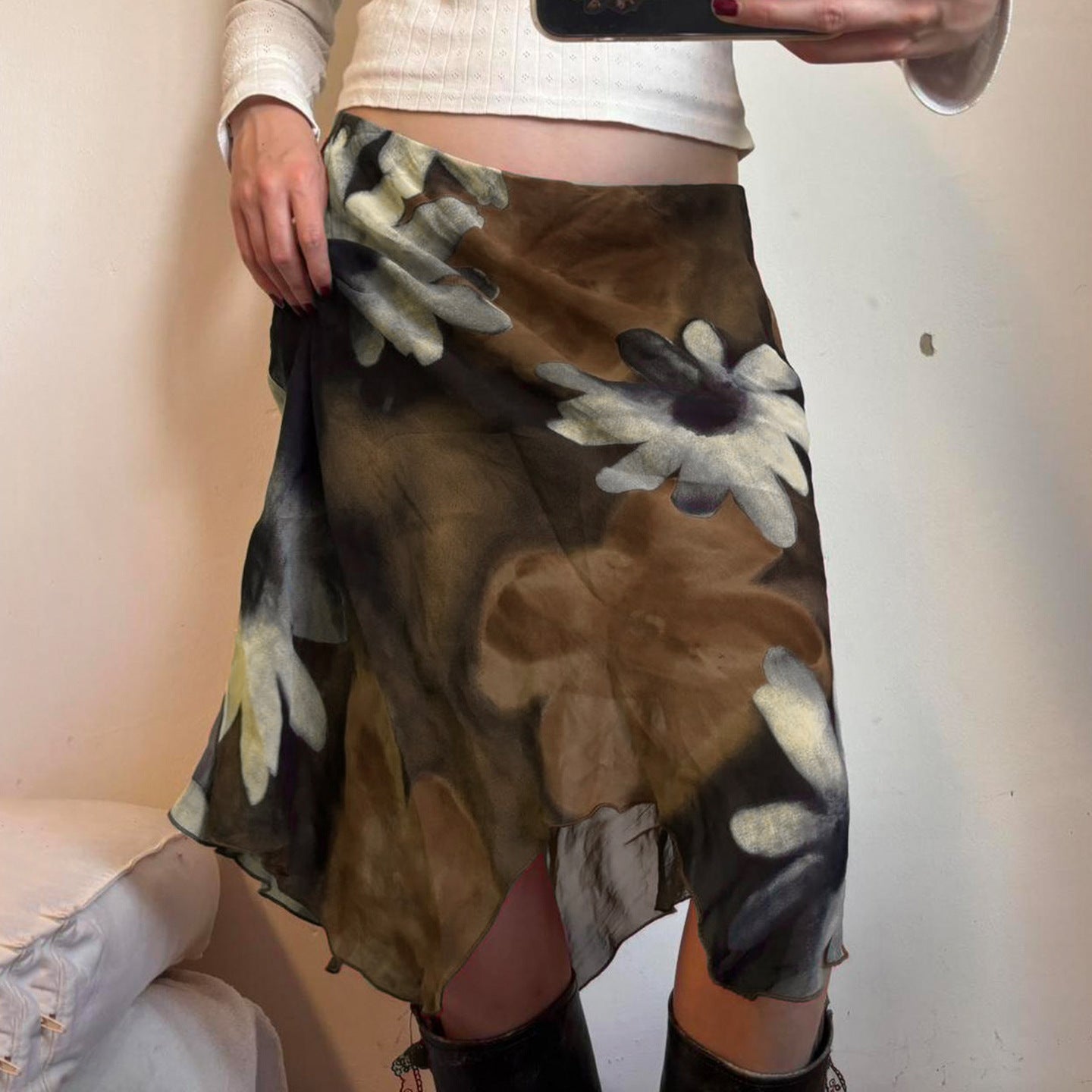 Retro Floral Printed Mesh Stitching Asymmetric Skirt Vacation Slim Slimming Low Waist Skirt Autumn