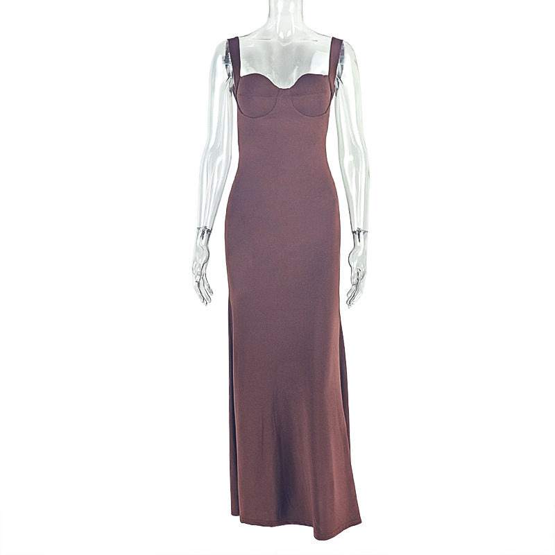 Solid Color Women Slim Fit Trailing Hip Pleated Suspender Maxi Dress Party Dress