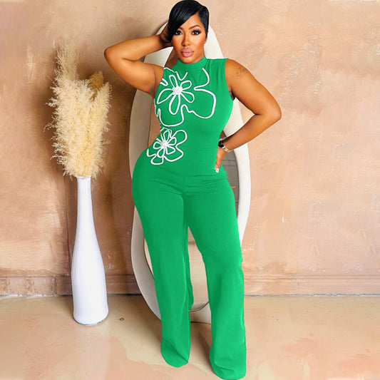 Sleeveless One Piece Floral Design Slim Trousers round Neck Sexy Hip Women