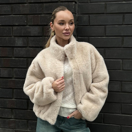 Stand Collar Plush Coat Autumn Winter with Zipper Furry Coat Warm Plush Coat for Women