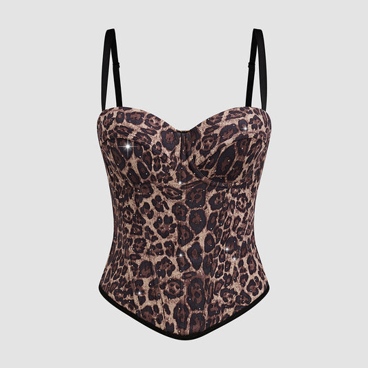 Sexy Leopard Print Camisole Women Long Stretch Body Shaping Boning Corset Corset Rhinestone Top
