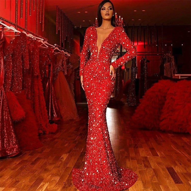 Spring Women Clothing Sheath Dress Fishtail Edge Red Paillette Long Sleeve V neck Dress