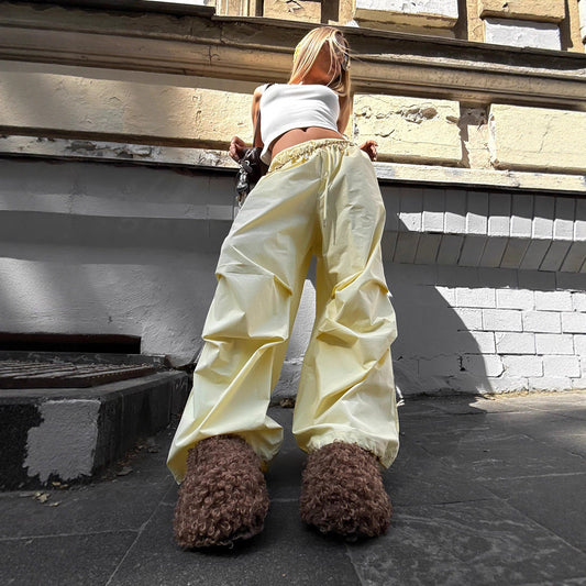 Wide Leg Trousers Women Autumn Low Waist Drawstring Trousers Pleated Pure Cotton Workwear Trousers Women