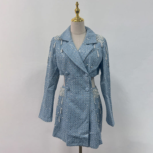 Dress Women Autumn Winter Pearl Stitching High Sense Cropped Outfit Long Sleeve Short Dress