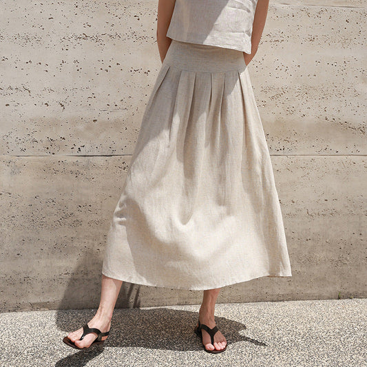 Linen Umbrella Skirt Summer Waist Pleated Design Skirt Slimming Elegant Graceful Skirt Women