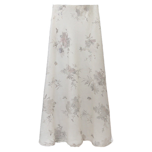 Chinese Long Skirt Advanced Satin Printed Fishtail Skirt Women Summer Sheath Split Chinese A Line Skirt