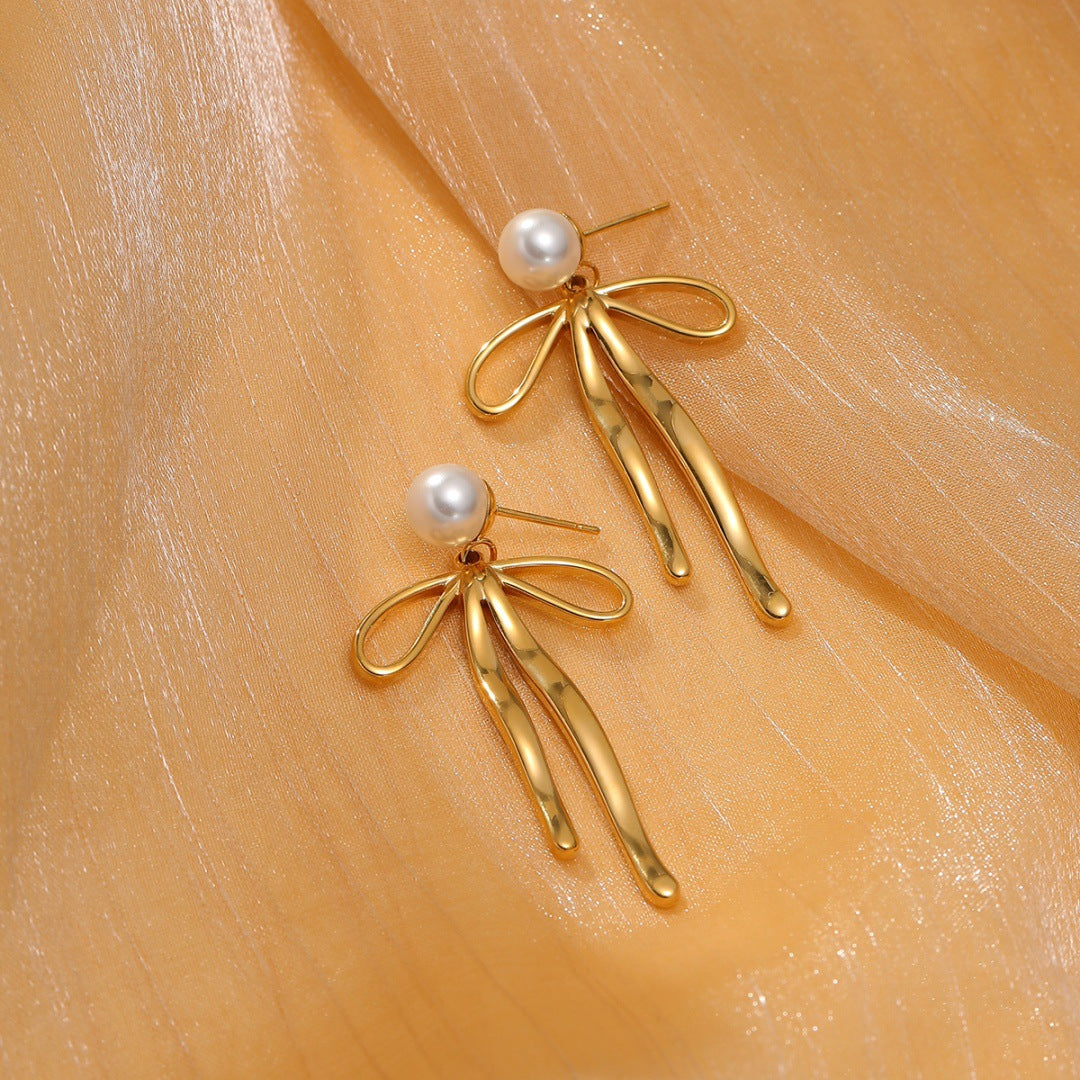 Fashionable Simple Pearl Bow Titanium Steel Earrings for Women Special Interest Design High Grade Stainless Steel Studs Earrings
