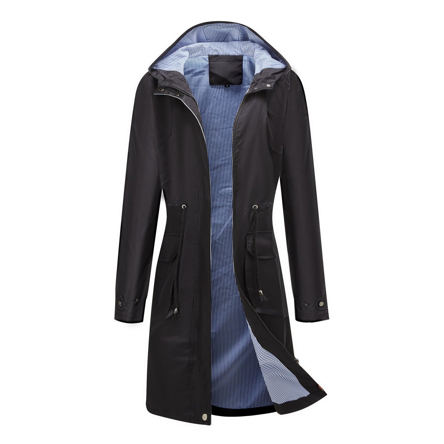 Spring Autumn Long Casual Trench Coat Women Waterproof Hooded Solid Color Top Striped Lining Straight Coat