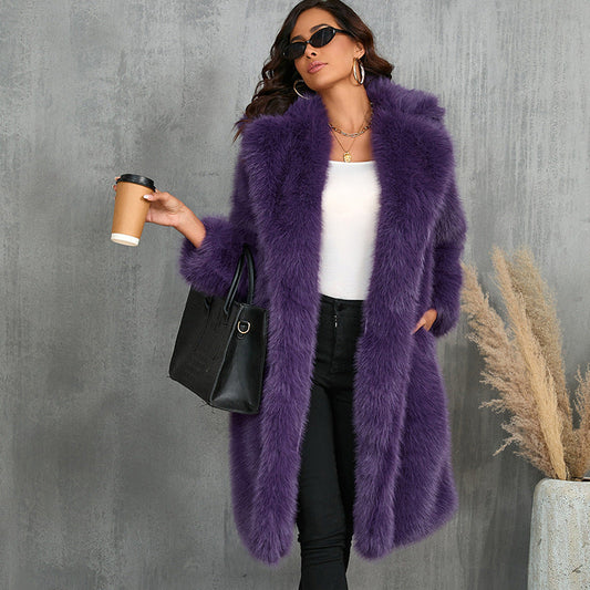 Autumn Winter Imitation Fox Thickened Long Section Collar Faux Fur Coat Mid Length Plush Fur Coat