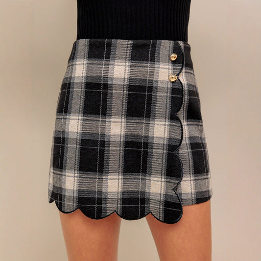 Personality Black White Lattice Pattern Shorts Vintage Embroidery Side with Metal Buckle All Matching Short Pantskirt