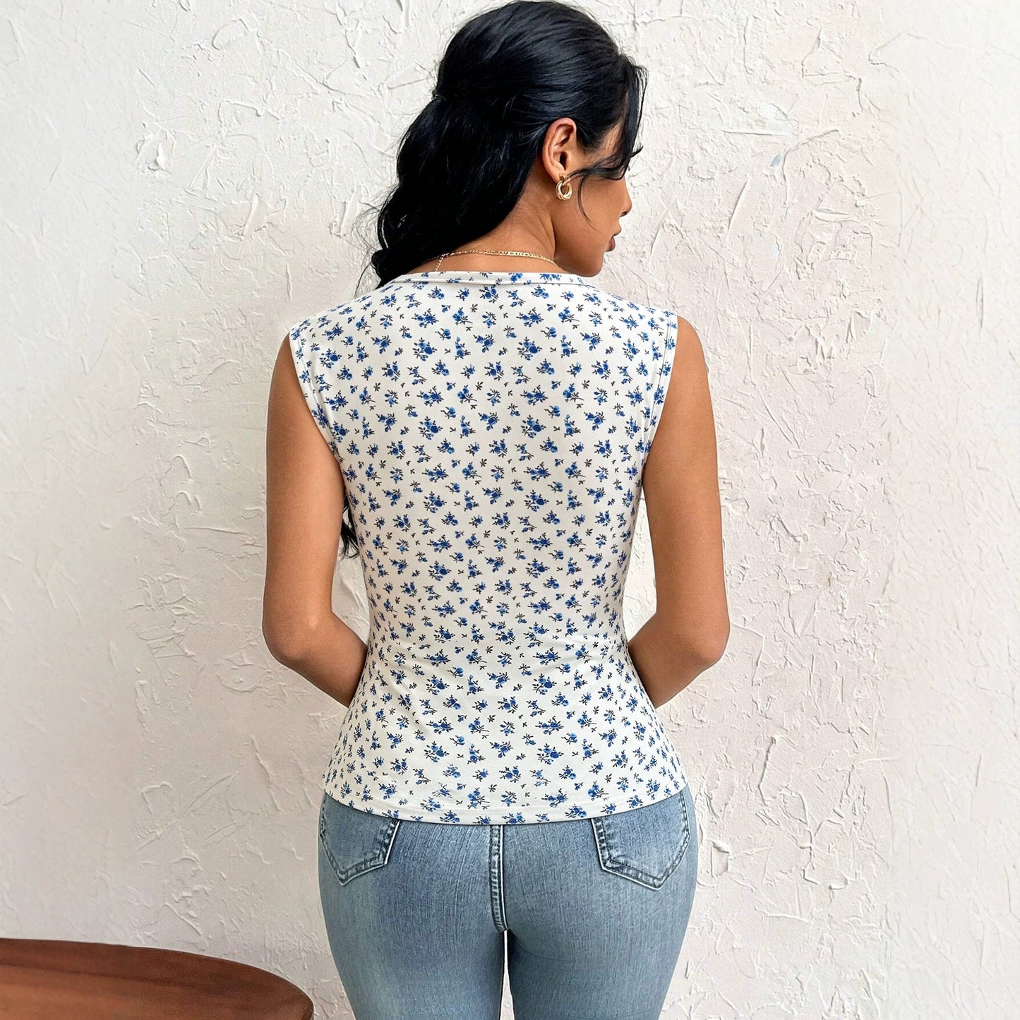 French Floral Sleeveless Vest Women Asymmetric Oblique Square Neck Cinched Side Slit Slim Fit Slimming Top