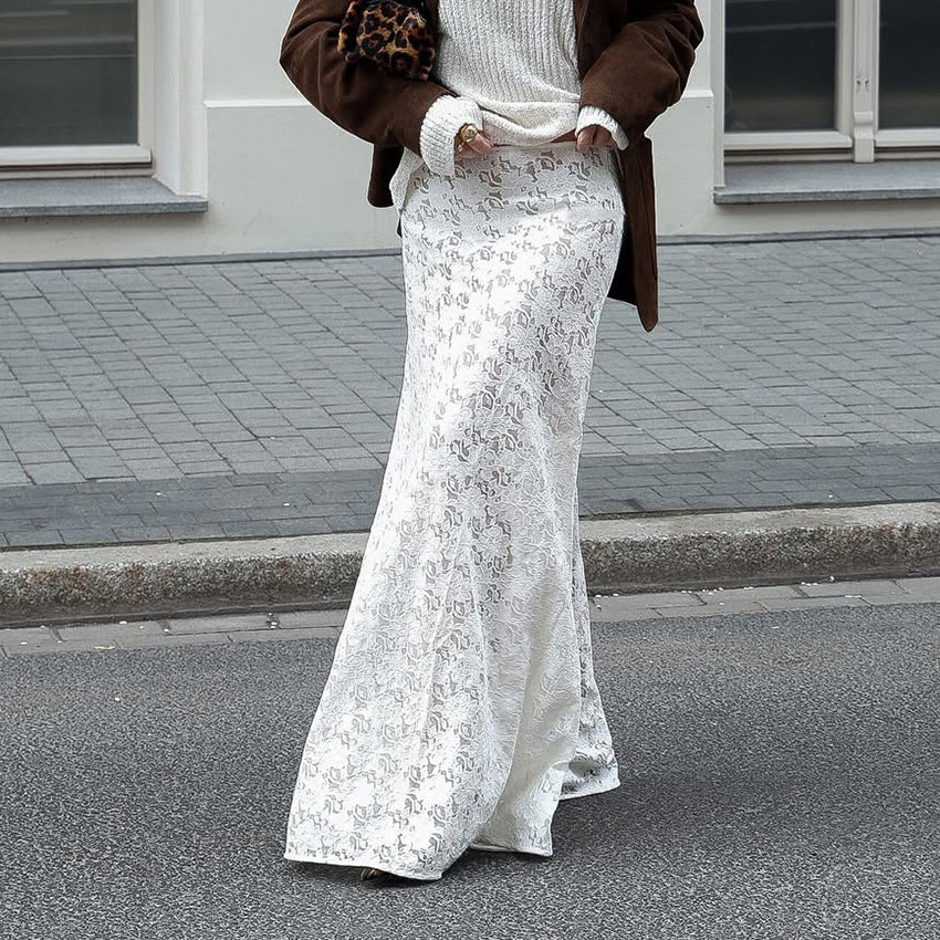 Sexy Design Lace Beach Casual Fishtail Skirt Autumn Winter Elegant White Ankle High Skirt Women