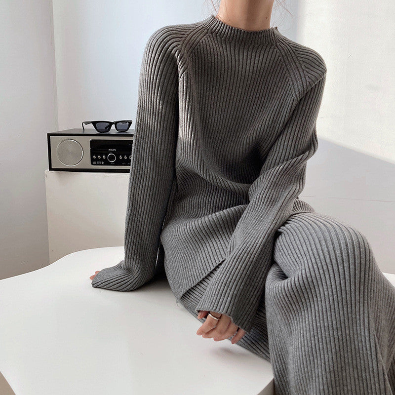Solid Color Split Sweater Wide Leg Pants Two Piece Set Women Spring Loose Spring Autumn Knitting Suit