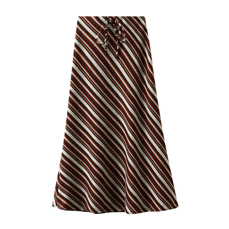 Retro Striped Skirt for Women Autumn High Waist Drape Long Skirt Sheath Fishtail Skirt