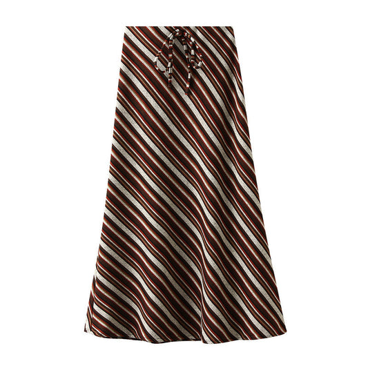 Retro Striped Skirt for Women Autumn High Waist Drape Long Skirt Sheath Fishtail Skirt