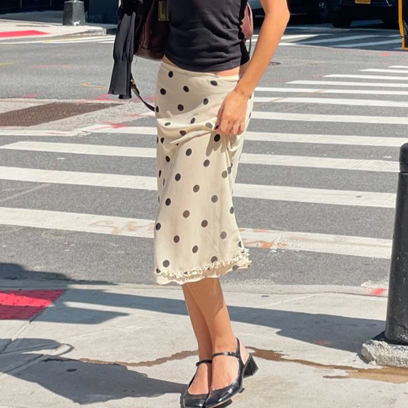 Retro Dots Wooden Ear Street Contrast Color Low Waist All Match Swing Midi Skirt