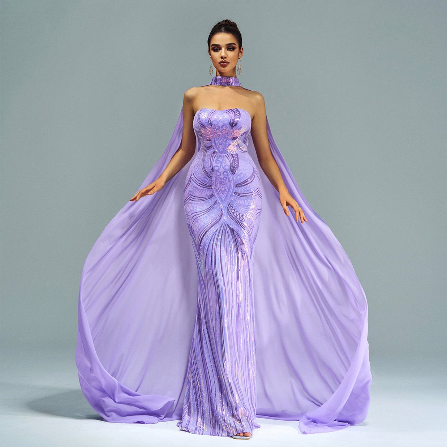 Long Sleeve round Neck Long Sequined Cocktail Cape Fishtail Evening Dress Bridesmaid Dress Dress Women
