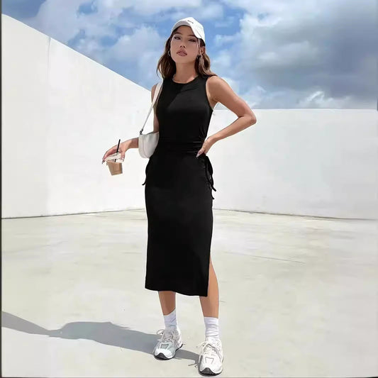Women Round Neck Sleeveless Waist Drawstring Hollow Out Cutout Sheath Split Dress Women