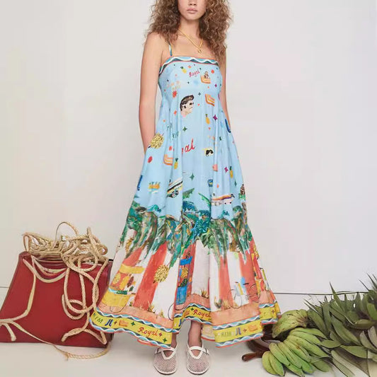 Spring Summer Suspender Printed Pocket Dress Casual Loose Vacation Dress