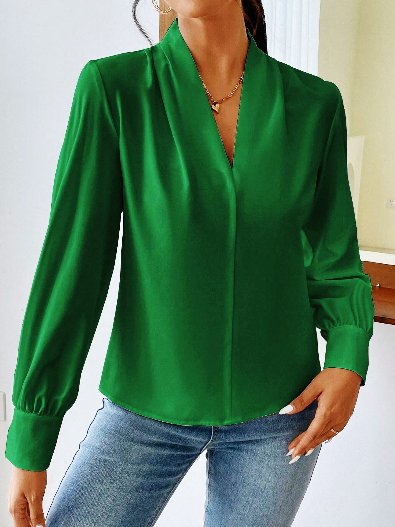 Spring Autumn Winter Long Sleeve Shirt Design V neck Solid Color Loose Top Autumn Shirt