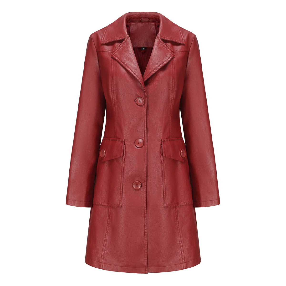 Long Leather Coat Spring Autumn Long Sleeve Leather Wind Coat British Coat Women Collared Single Breasted