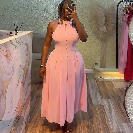 Women Clothing Summer Elegant Halter Sleeveless Waist Slimming Pink Mid Length Dress